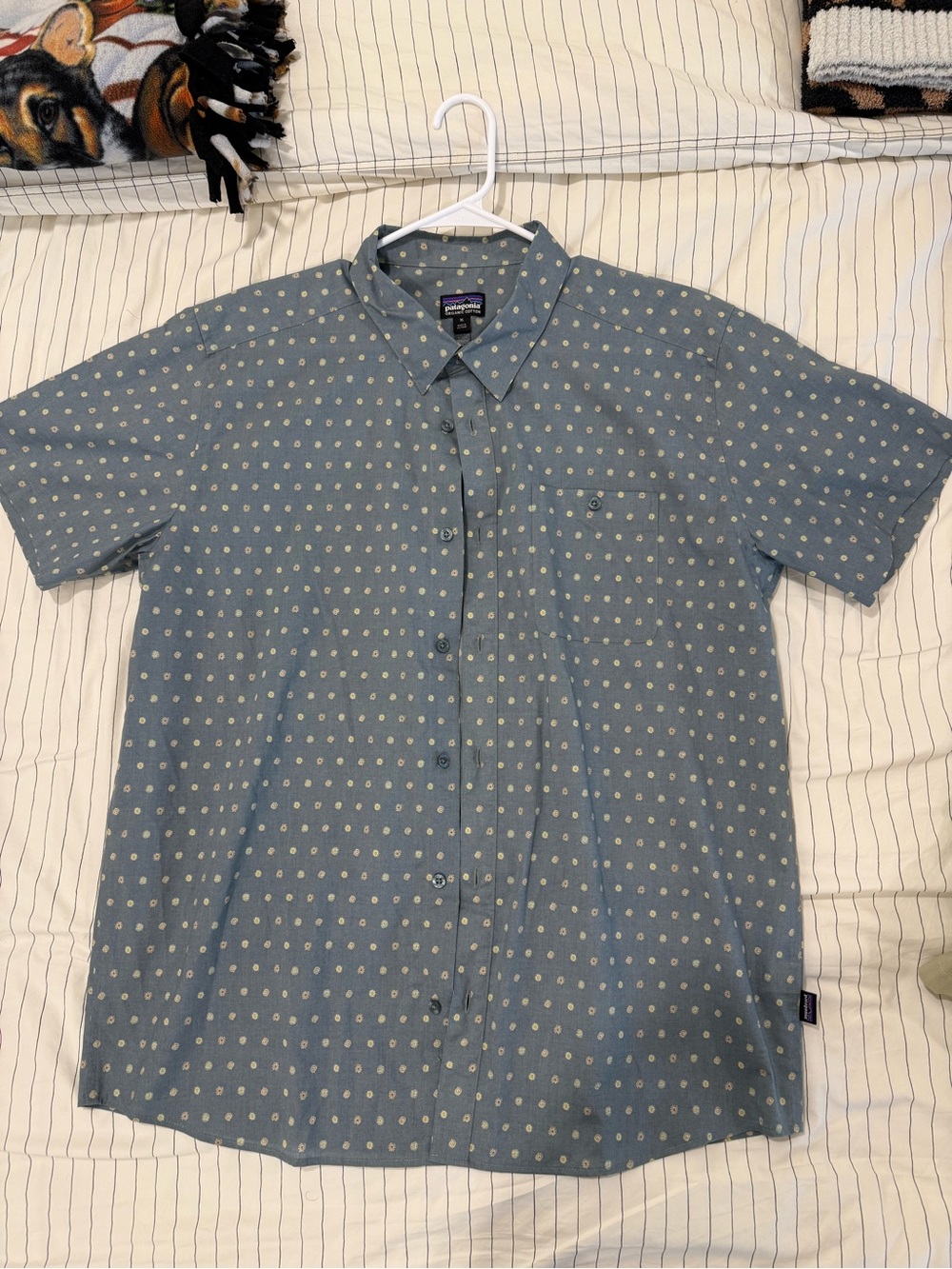 Patagonia Blue Short-Sleeve Button-Down with Cream Dot Print